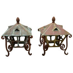Pair Of American Arts & Crafts Wrought Iron & Copper Lanterns
