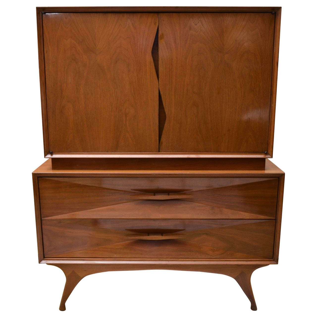 Mid Century Walnut Cabinet on Two Drawer Chest