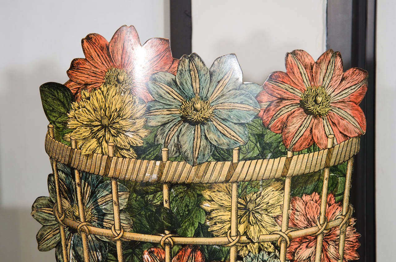 Mid-Century Modern Piero Fornasetti Open Umbrella Stand, 1960s, Decorated with Flowers in Basket For Sale