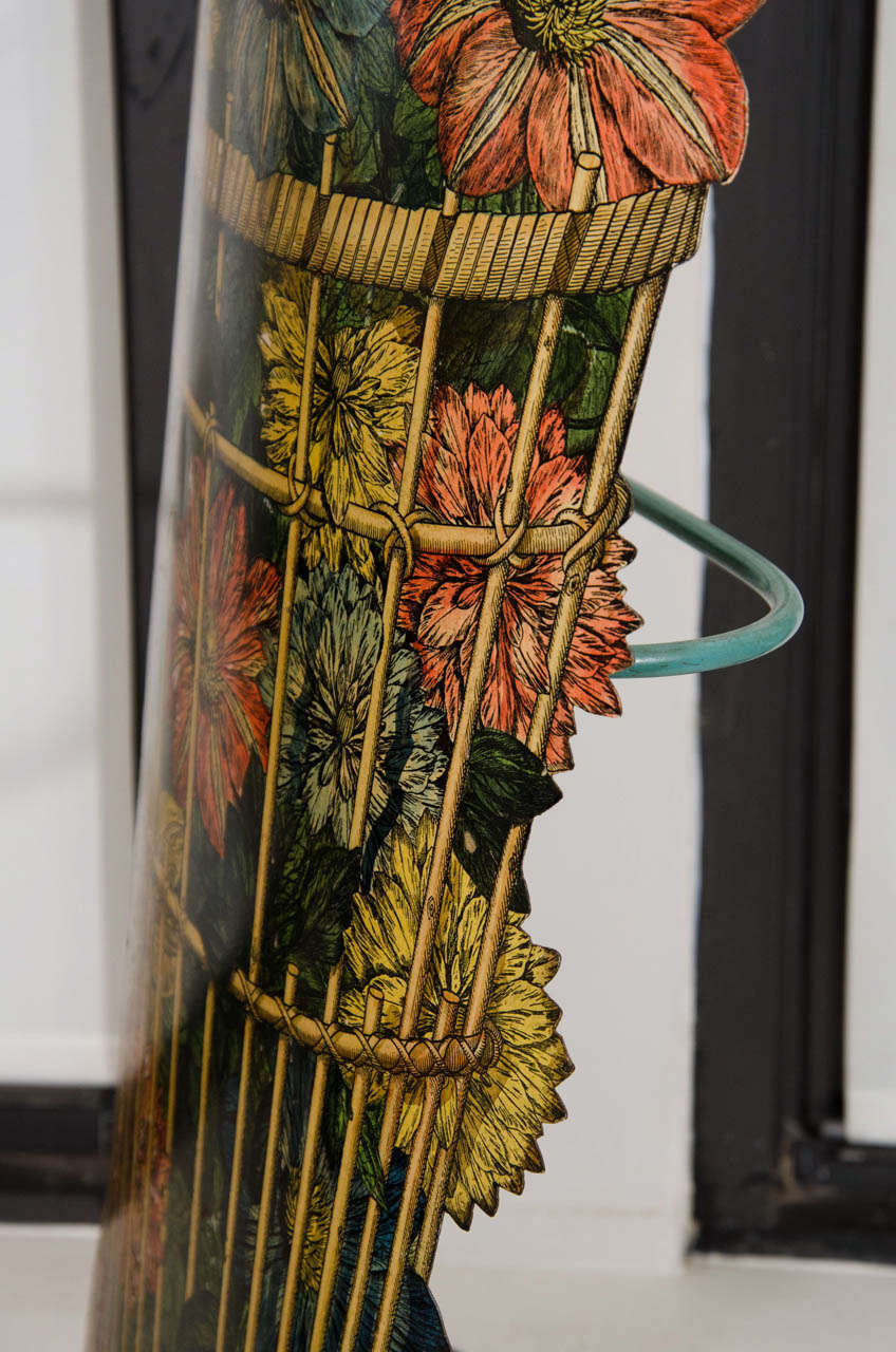 Enamel Piero Fornasetti Open Umbrella Stand, 1960s, Decorated with Flowers in Basket For Sale
