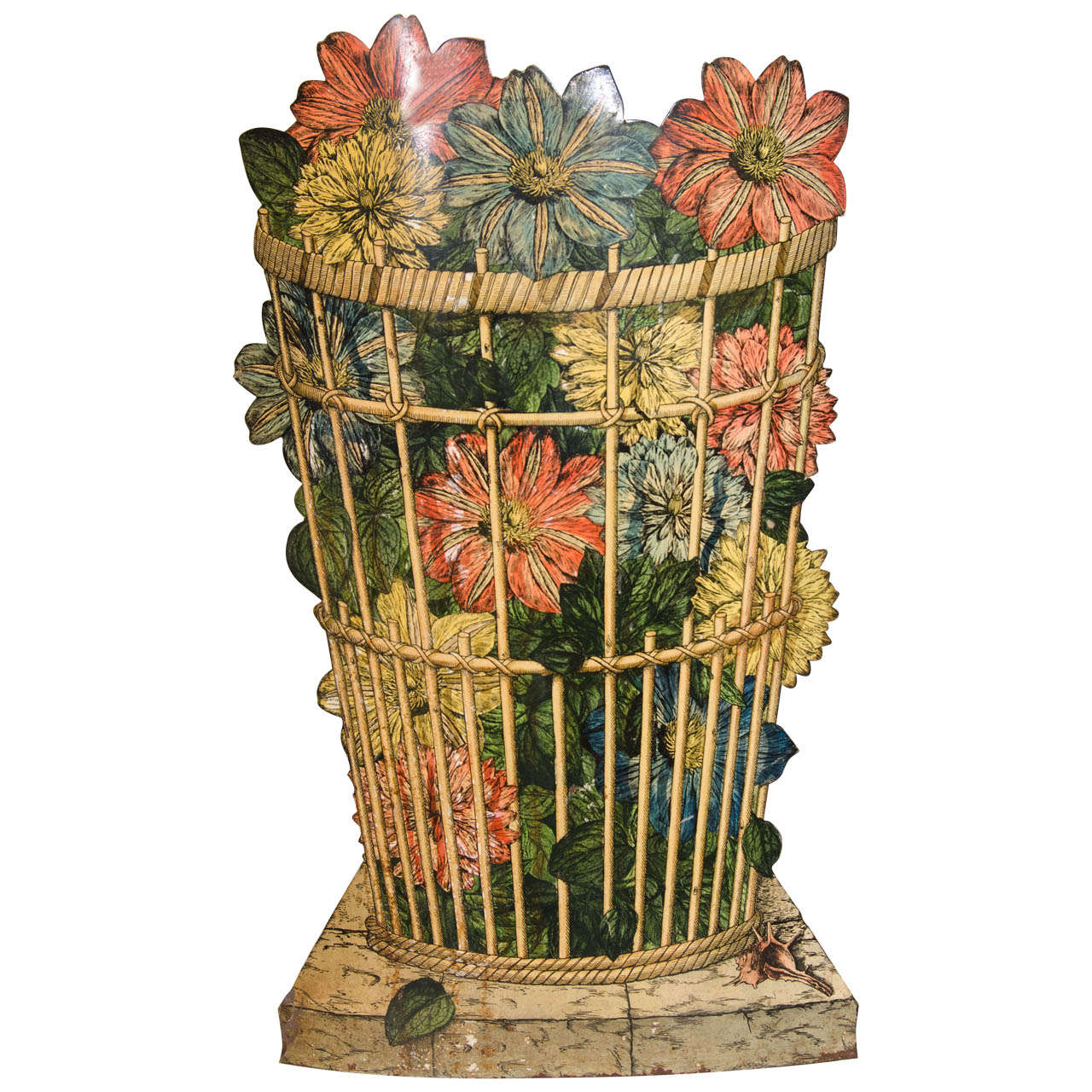 Piero Fornasetti Open Umbrella Stand, 1960s, Decorated with Flowers in Basket For Sale