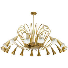 Brass Eighteen Arm "Spider" Chandelier with Conical Shades