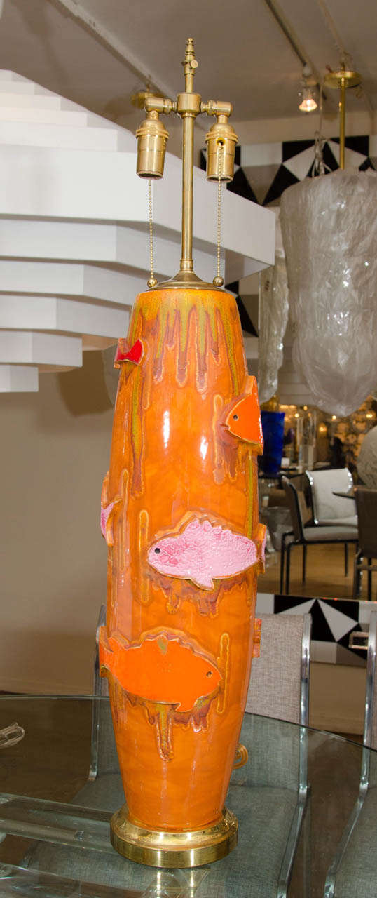 Pair Of Colorful Pottery Lamps With Applied Fish Design By Raymor