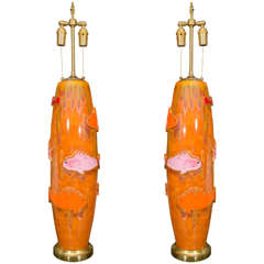Pair Of Colorful Pottery Lamps With Applied Fish Design By Raymor