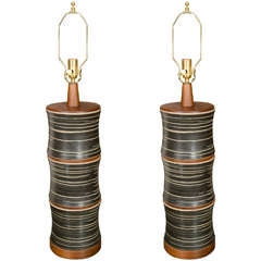 Pair of Ceramic Wood And Brass Lamps by Gordon And Jane Martz