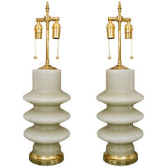 Pair Of Greenish Gray Murano Glass Undulating Form Lamps