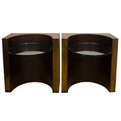 Pair of Distressed Brass Demilune Side Tables with Cantilevered Glass Top