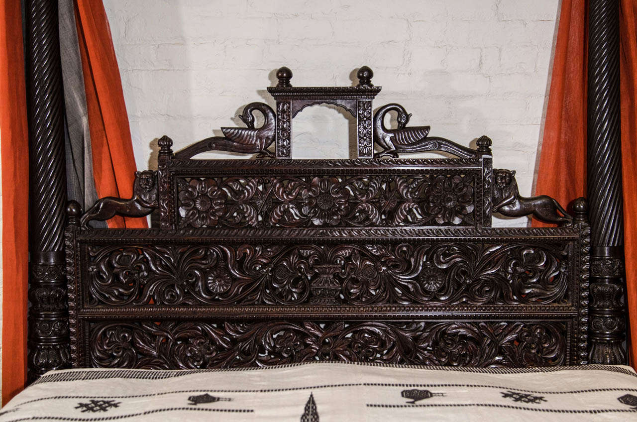 A Finely Carved 19th Century Anglo-Indian Mahogany Bed with Metal Canopy 1
