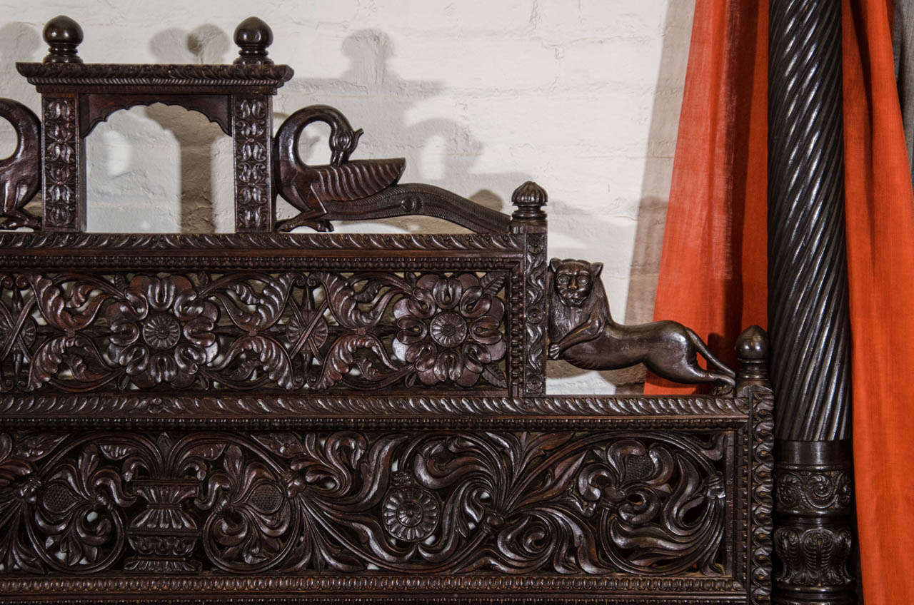 A Finely Carved 19th Century Anglo-Indian Mahogany Bed with Metal Canopy 5