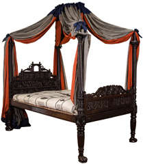 A Finely Carved 19th Century Anglo-Indian Mahogany Bed with Metal Canopy
