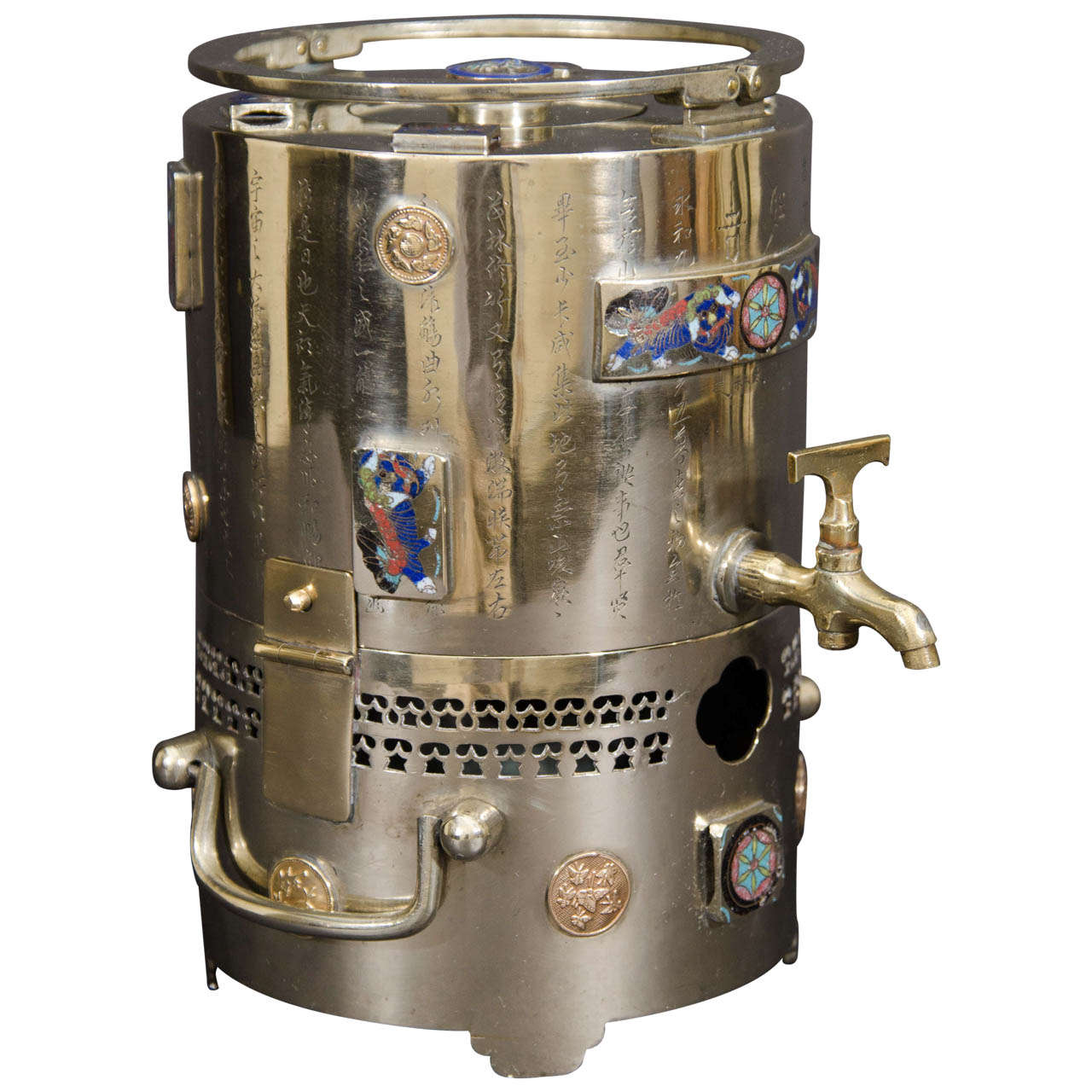 Rare Silvered Bronze, Brass And Champleve Portable Hot Water Heater For Sale
