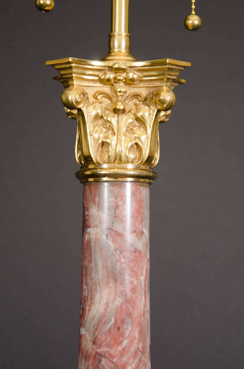 English Rouge Colored Marble And GIlt Bronze Table Lamp For Sale