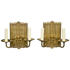 Polished Brass Two Light Linen Fold Backed Sconces