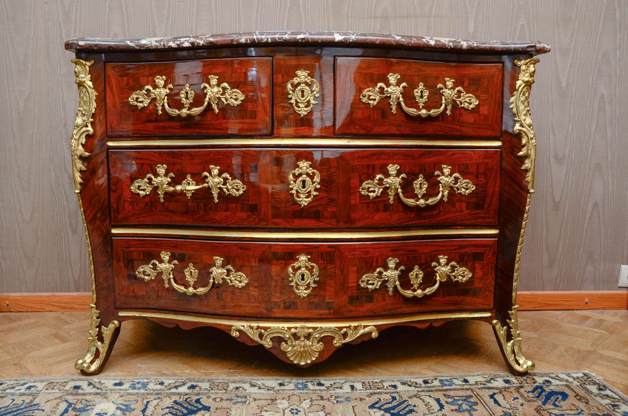 French A Regence Ormulu-Mounted and Brass Inlaid Kingwood Commode