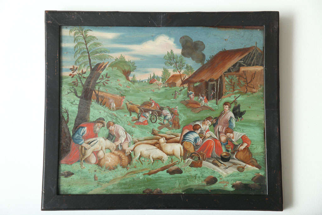 Veneer Pair of French Reverse Paintings on Glass For Sale