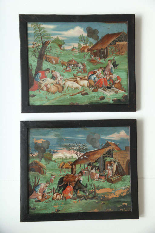Pair of French Reverse Paintings on Glass, each depicting unusal outdoor farm scenes, in vibrant colors, mounted in veneered black frames.