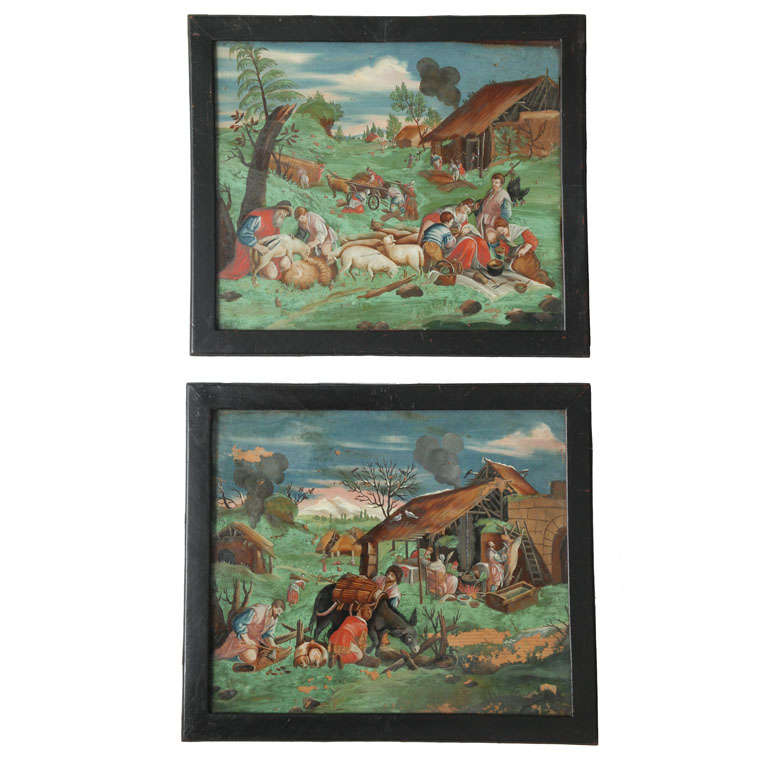 Pair of French Reverse Paintings on Glass For Sale