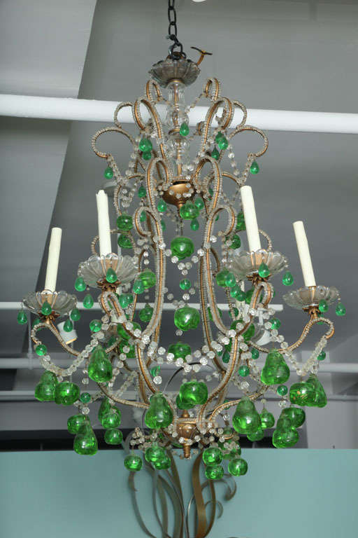 Continental Six Light Chandelier, with unusual green glass pendants in form of apples and pears, with beaded glass arms, electrified.