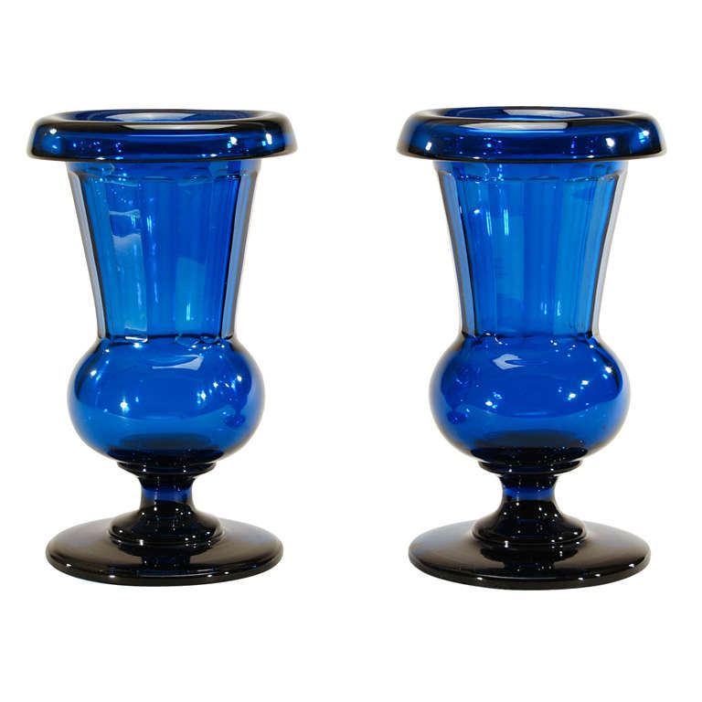 Pair Of Signed Hawkes Steuben Celeste Blue Crystal Vases 14 For
