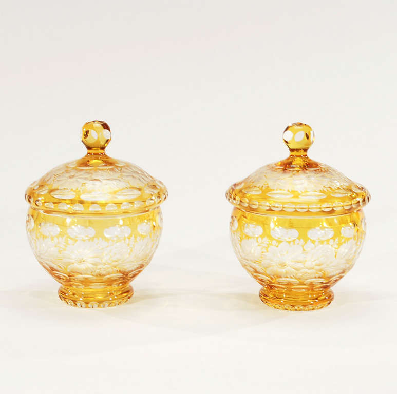 Czech Pair of Bohemian Amber Crystal Cut to Clear Covered Jars