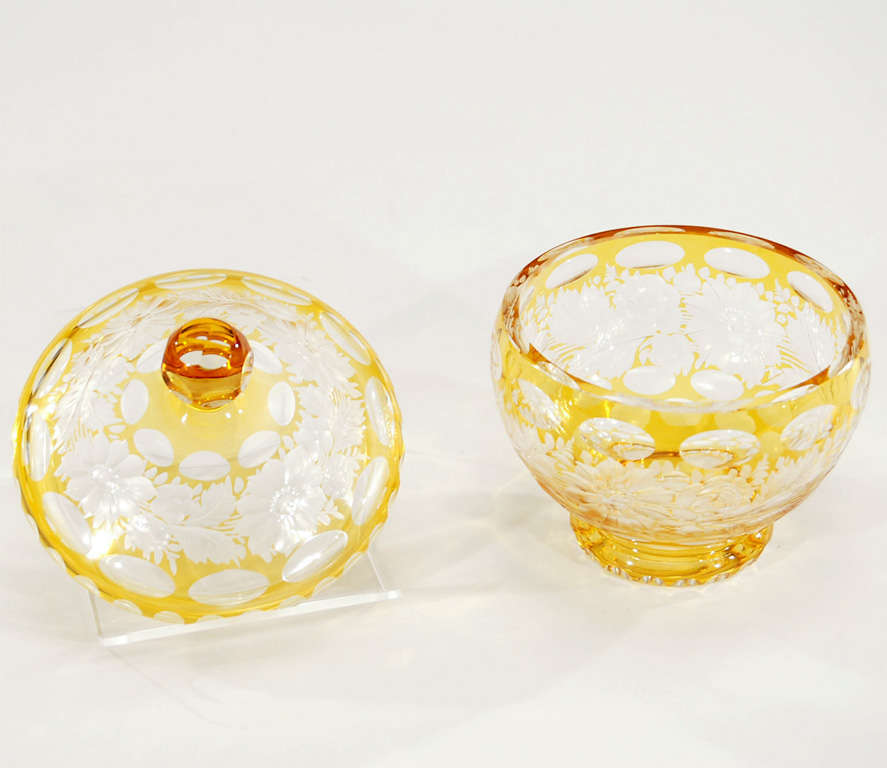 20th Century Pair of Bohemian Amber Crystal Cut to Clear Covered Jars