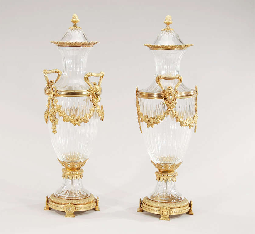 This pair of fantastic hand blown crystal vases with bronze d'ore mounts are signed 