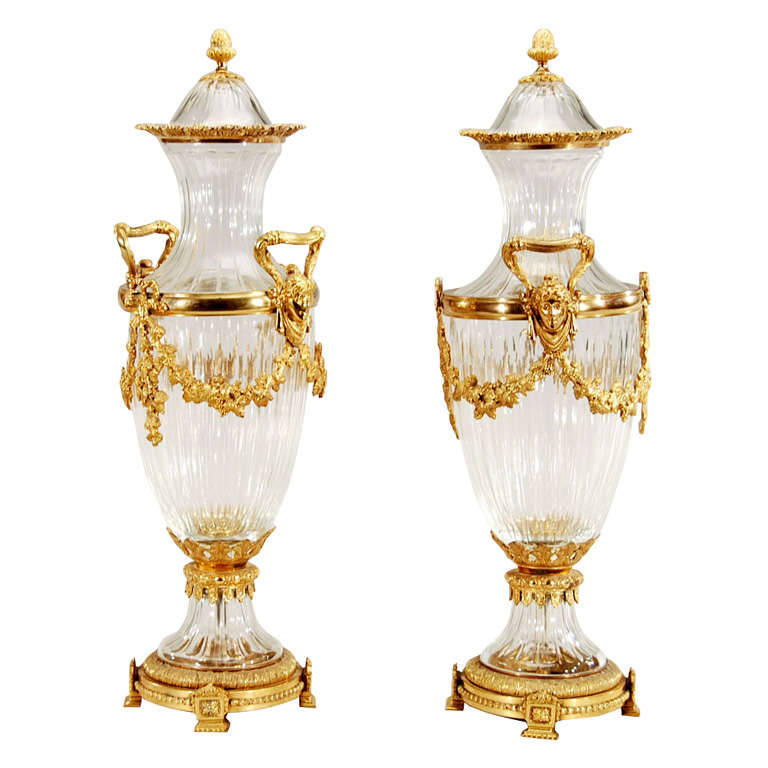 Pair of Signed Baccarat Crystal Vases with Ormolu Bronze Mounts at 1stDibs