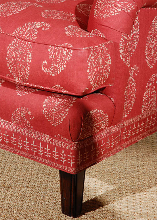 Pair of Armchairs newly Upholstered in Peter Dunham Textile: Kashmir Paisley, Tea/Red. Comfortable and deep