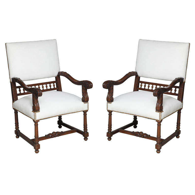 Pair 19th c. Louis XIII Armchairs or Fauteuils