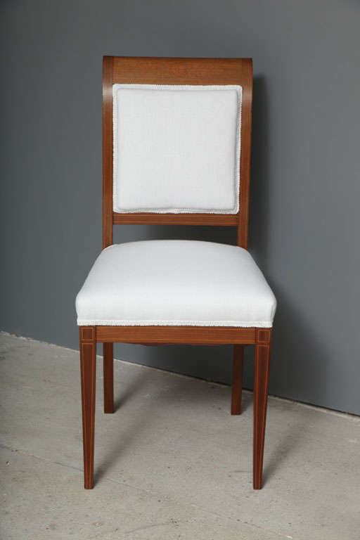 French Set of 6 19th c. Empire Marquetry Chairs in Belgian Linen