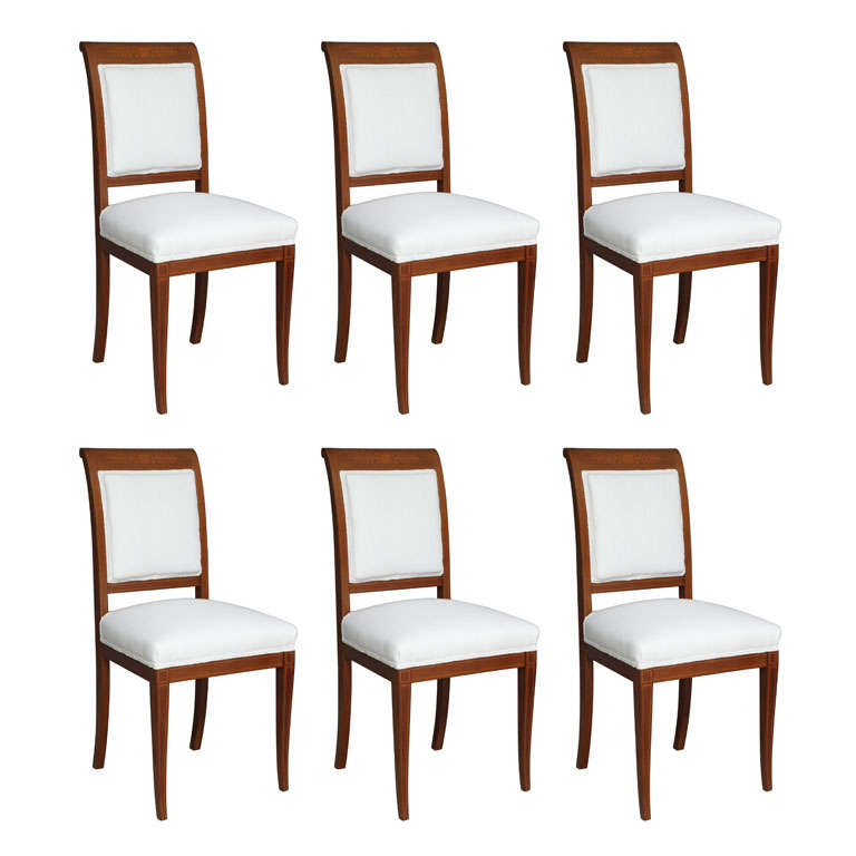 Set of 6 19th c. Empire Marquetry Chairs in Belgian Linen