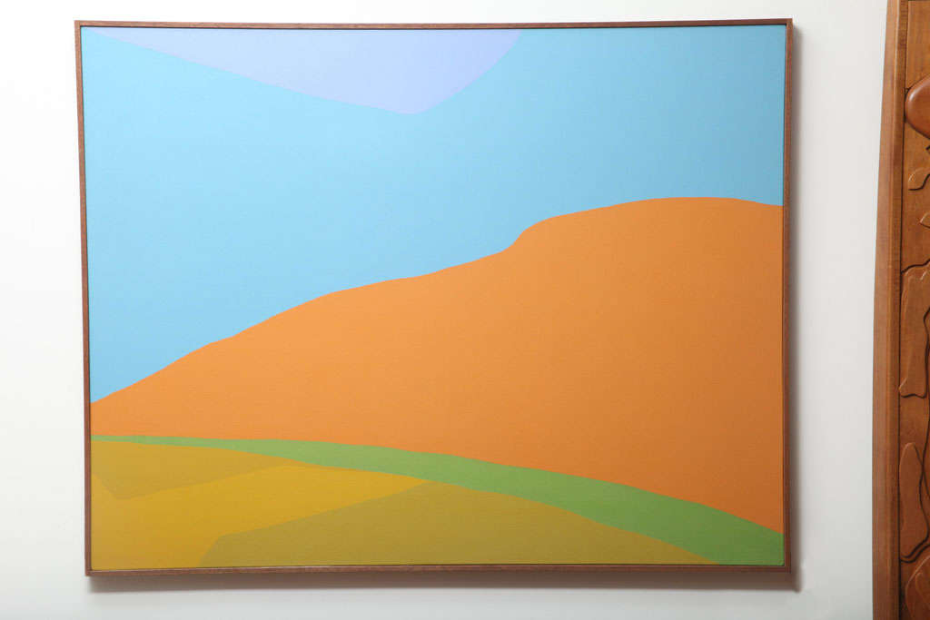 Jackie Carson hard edge landscape, circa early 1970s. This example has tones of powder blue, orange amber and green and is masterfully composed. Red has recently acquired some 30 examples of Ms. Carson’s works of various sizes and have photos of all