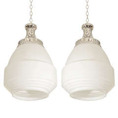 Pair of Nickel Plated and Milk Glass Light Fixtures