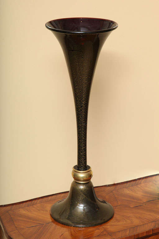 Signed mid century glass vase with gilt rim over base