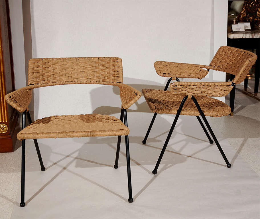 Set of four woven rope and wrought iron chairs custom designed by William Haines for the Beverly Hills estate of Irene Rich.  See 