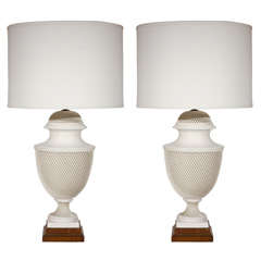 Pair of Porcelain Lattice Urn Form Table Lamps