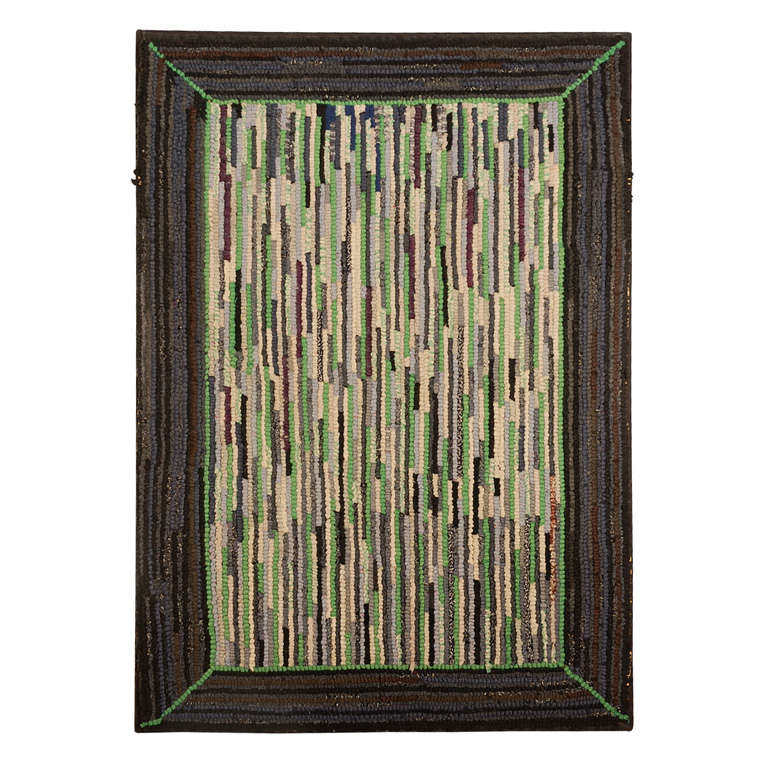 Mounted Pennsylvania Amish Hand-Hooked Rug, Hit or Miss Pattern For Sale