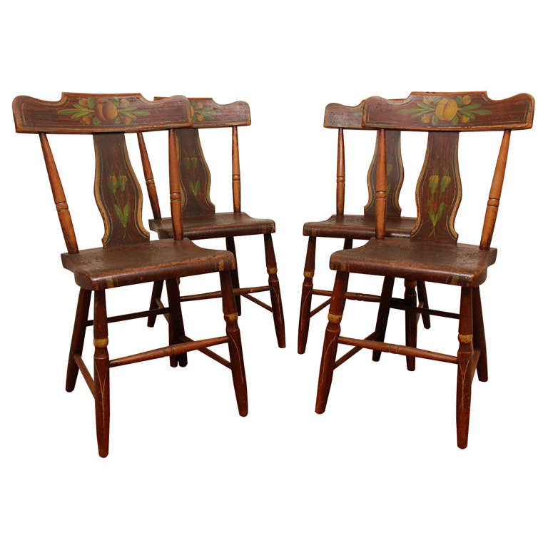 19th Century Original Painted Set of Four Pennsylvania Plank Chairs