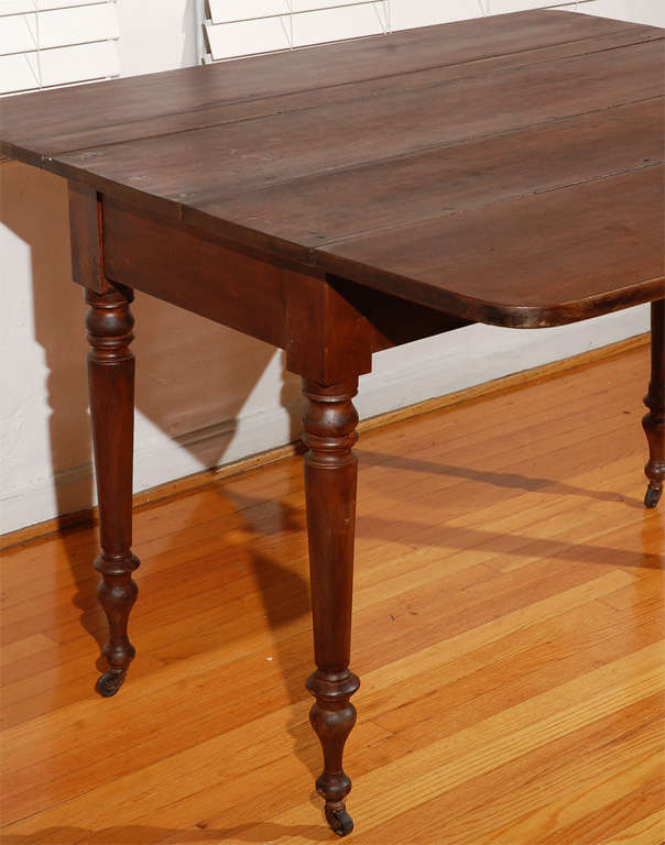 19thc Natural Old Surface Walnut Drop Leaf Table W/ Turned Legs