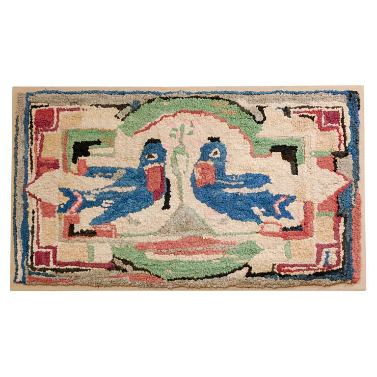 Folky Hand-Hooked Mounted Blue Birds Rug from Pennsylvania