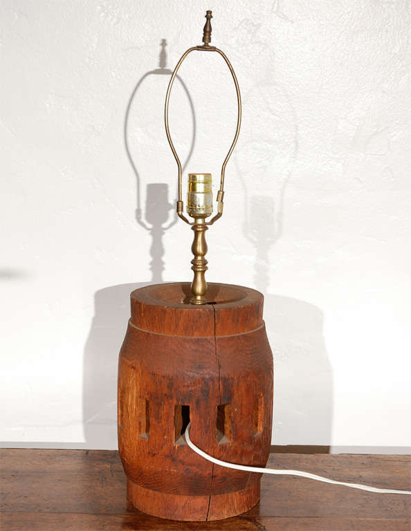 Pine 19thc Rustic Western Barrel Lamp With a Hide Shade