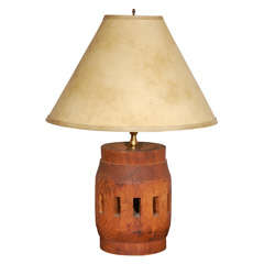 Antique 19thc Rustic Western Barrel Lamp With a Hide Shade