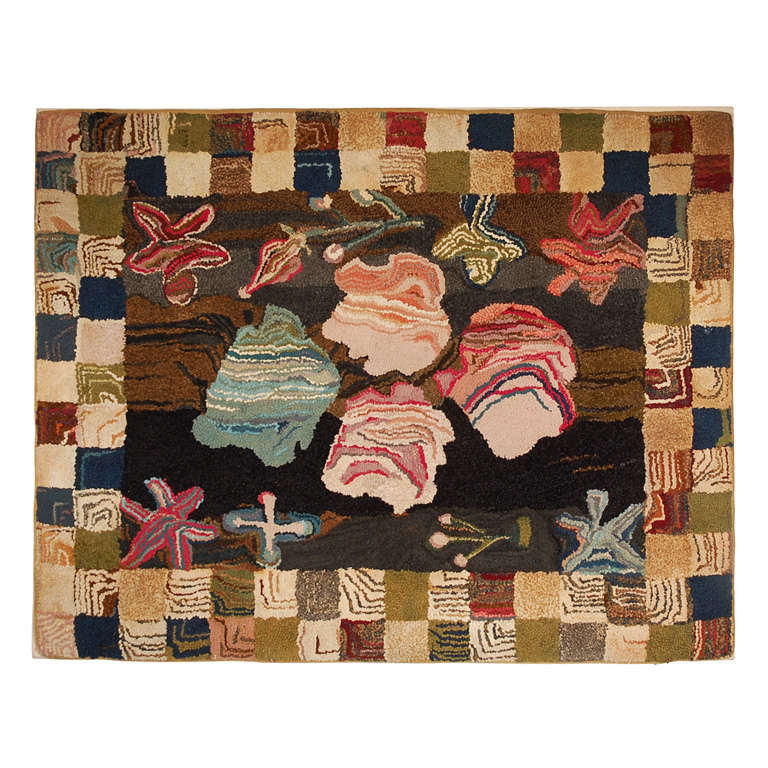 Early 20th Century New England Mounted Hand Hooked Geometric Rug For