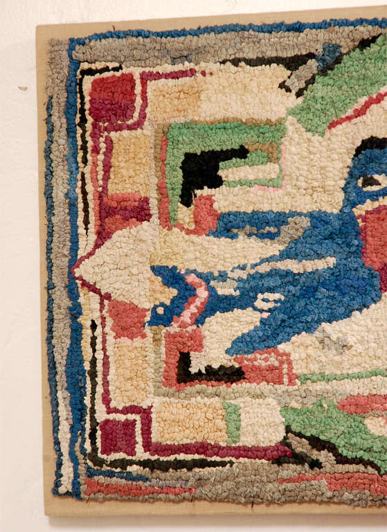 Folky HandHooked Mounted Blue Birds Rug from Pennsylvania For Sale at