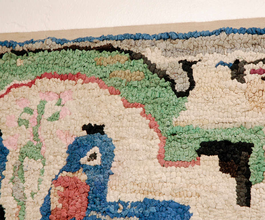 Folky HandHooked Mounted Blue Birds Rug from Pennsylvania For Sale at