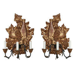 Vintage Pair Water-Gilt Wine Theme Sconces