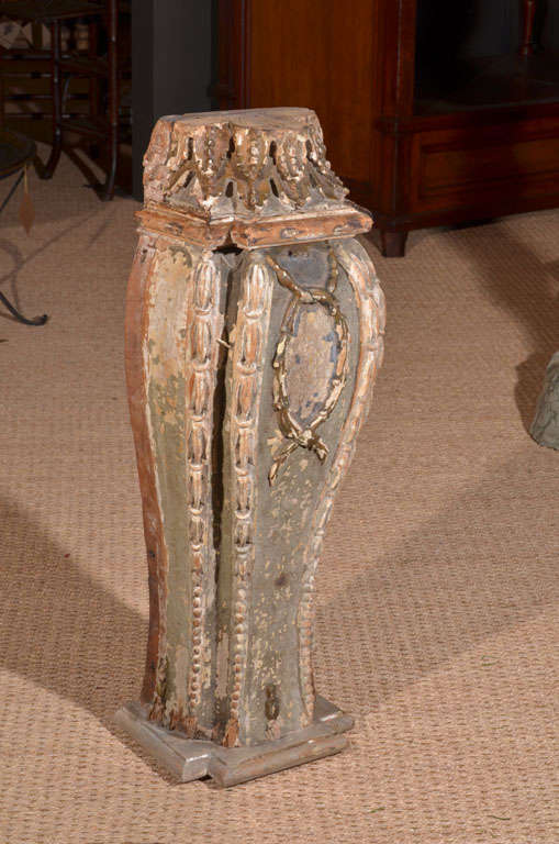 This 18th century architectural element would make a lovely lamp, candlestick or just an interesting piece in your collection. It is a hand-carved and painted pedestal with interesting details, such as a cartouche and vines.