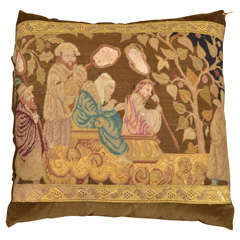 19th C. Religious Tapestry Remnant Pillow