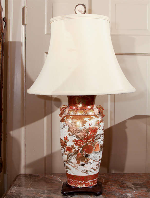 Meiji period Kutani vase lamp. Vibrant colors with a crackled porcelain patina.