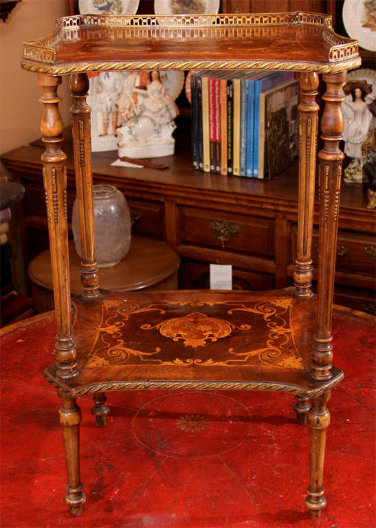 Two Tiered marquetry inlaid Side Table. Brass gallery.